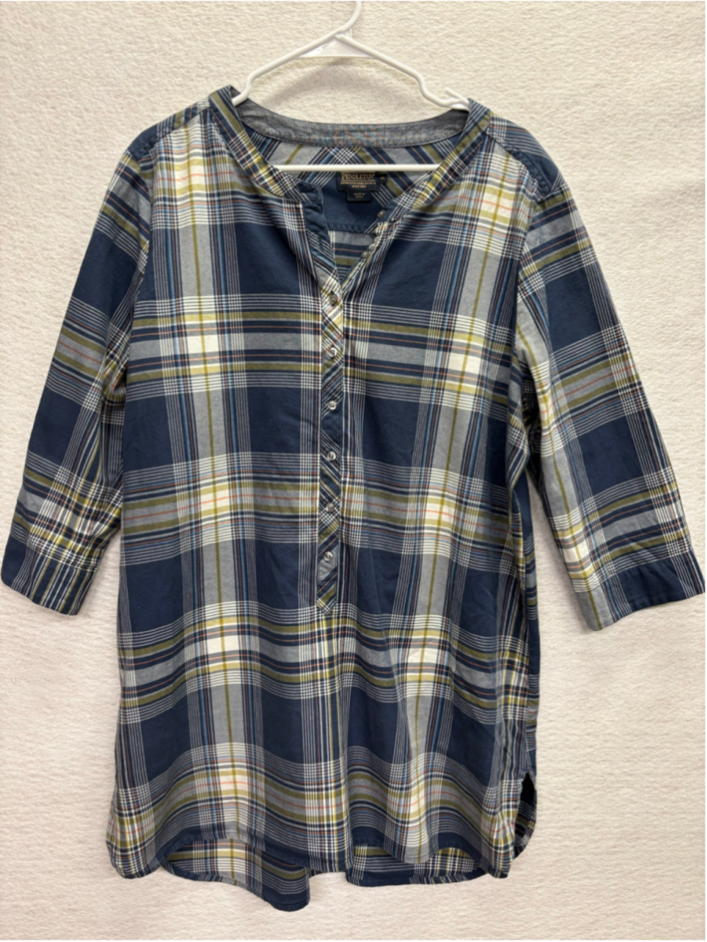 Pendleton Plaid Henley Tunic Shirt Cotton 3/4 Sleeve Blue Green White XL